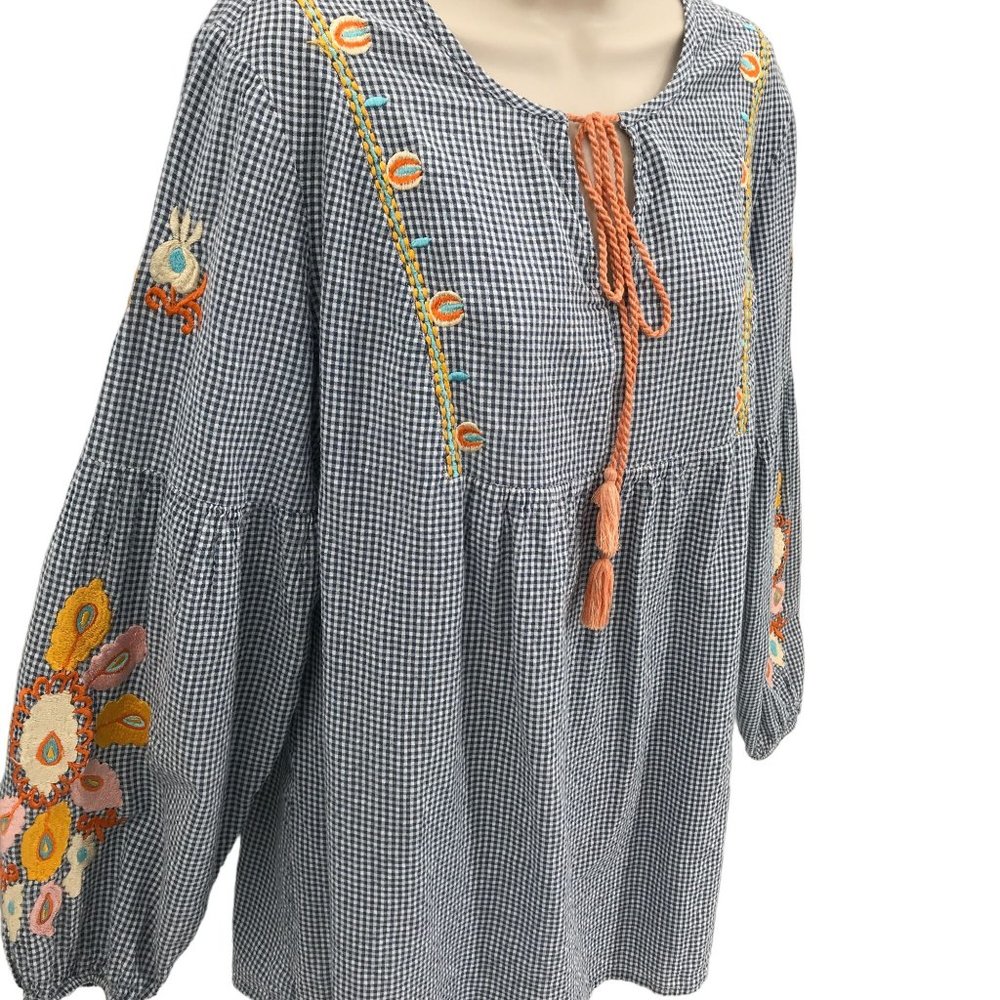 Chadwicks Womens Blue White Checked Embroidered Balloon Long Sleeve Tunic L - Picture 2 of 10